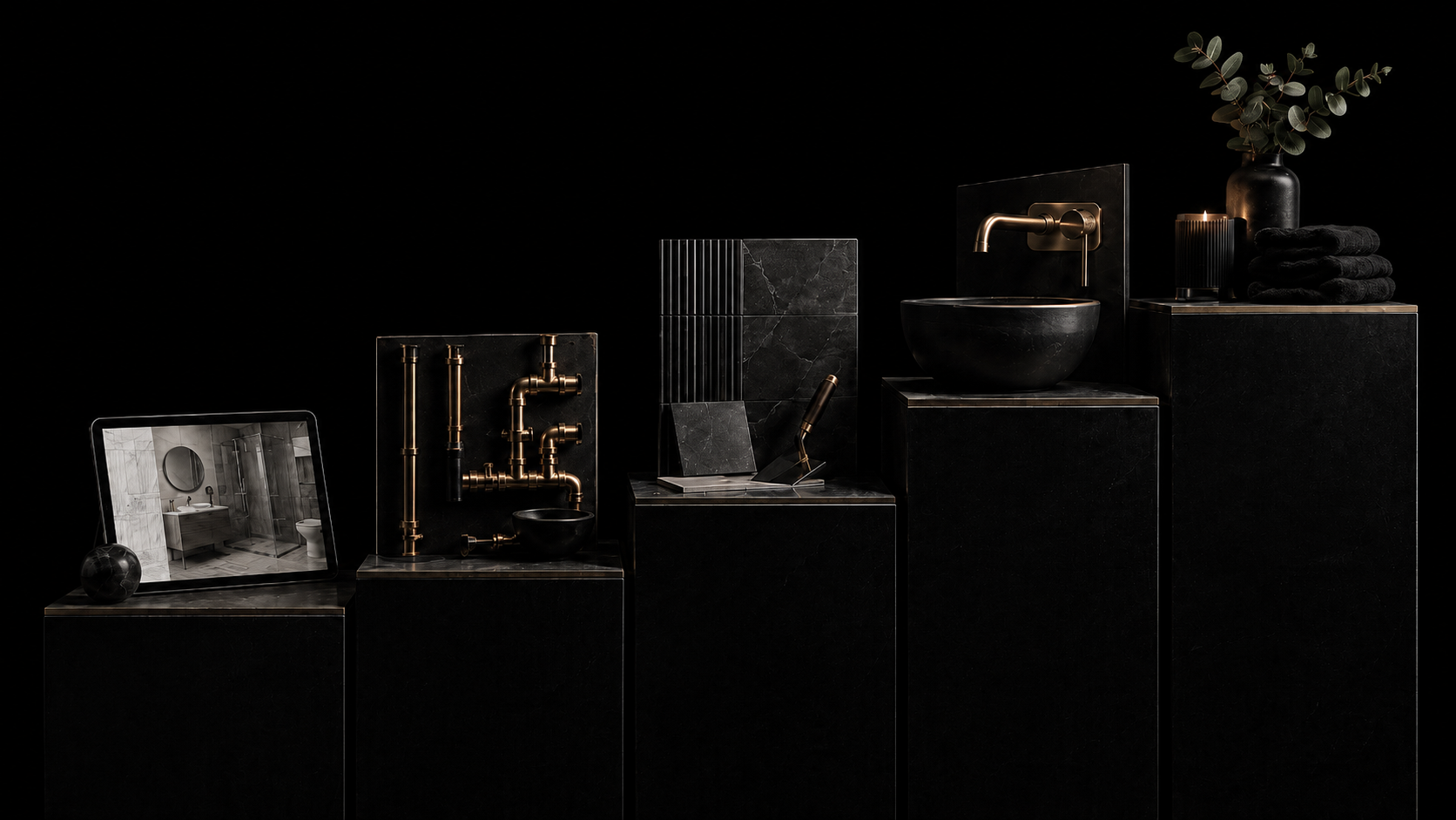 RSM services shown as five black plinths of rising height, each holding one stage of a bathroom build